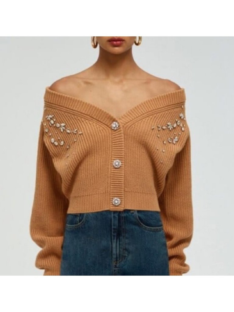 Self-Portrait Diamante Brown Button-Up Knit Cardigan W/ Crystal Pearls, Size Xl